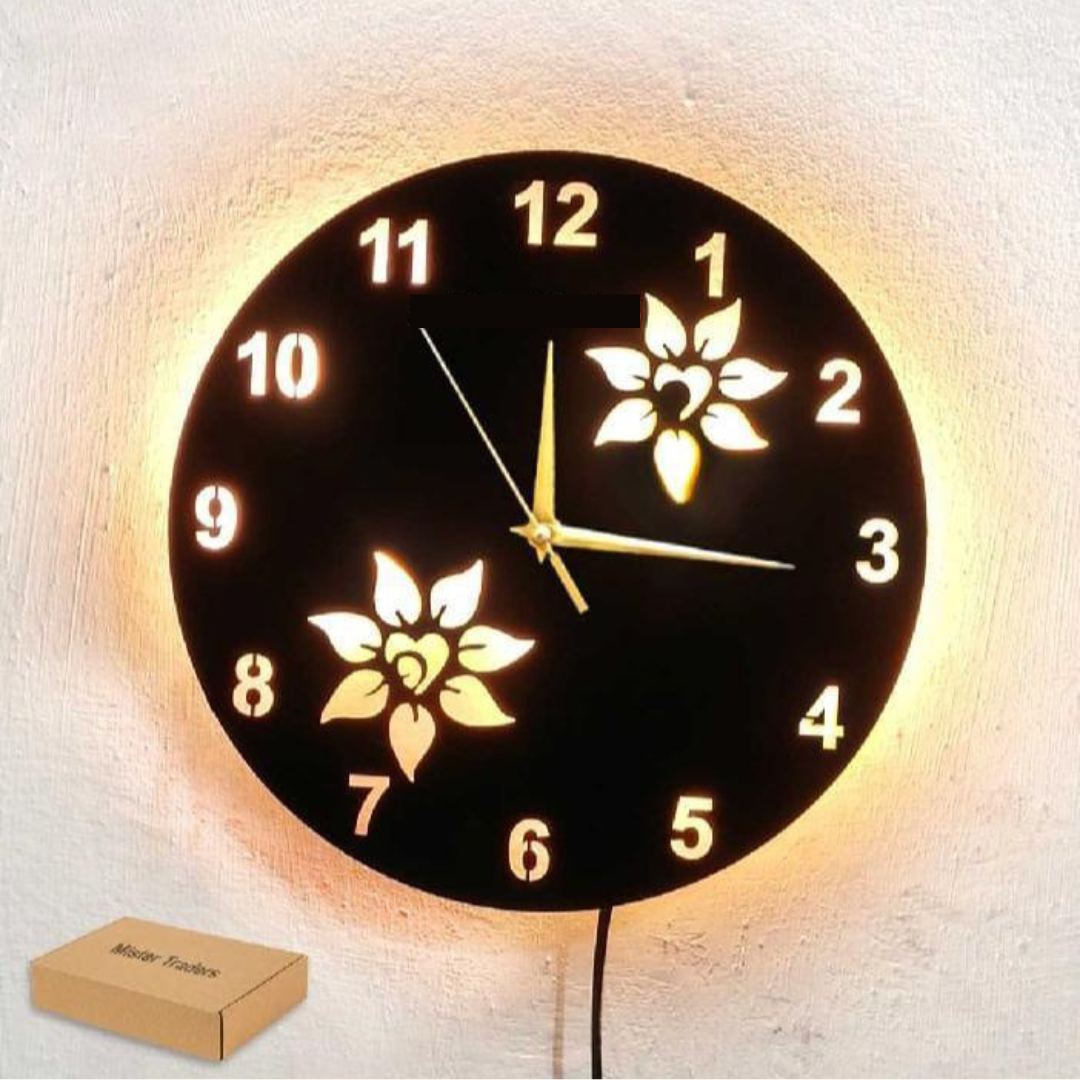 Flower Wooden Clock With Premium Light